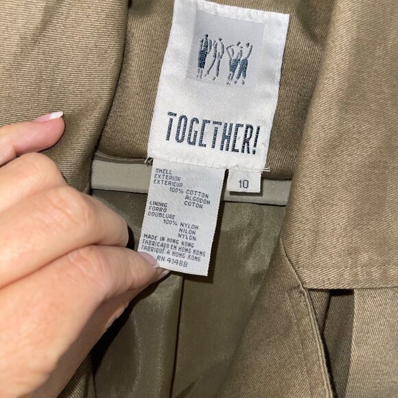 Together Vintage Womens Military Trench Coat Size 10 Khaki Green Button Lined - Picture 4 of 16